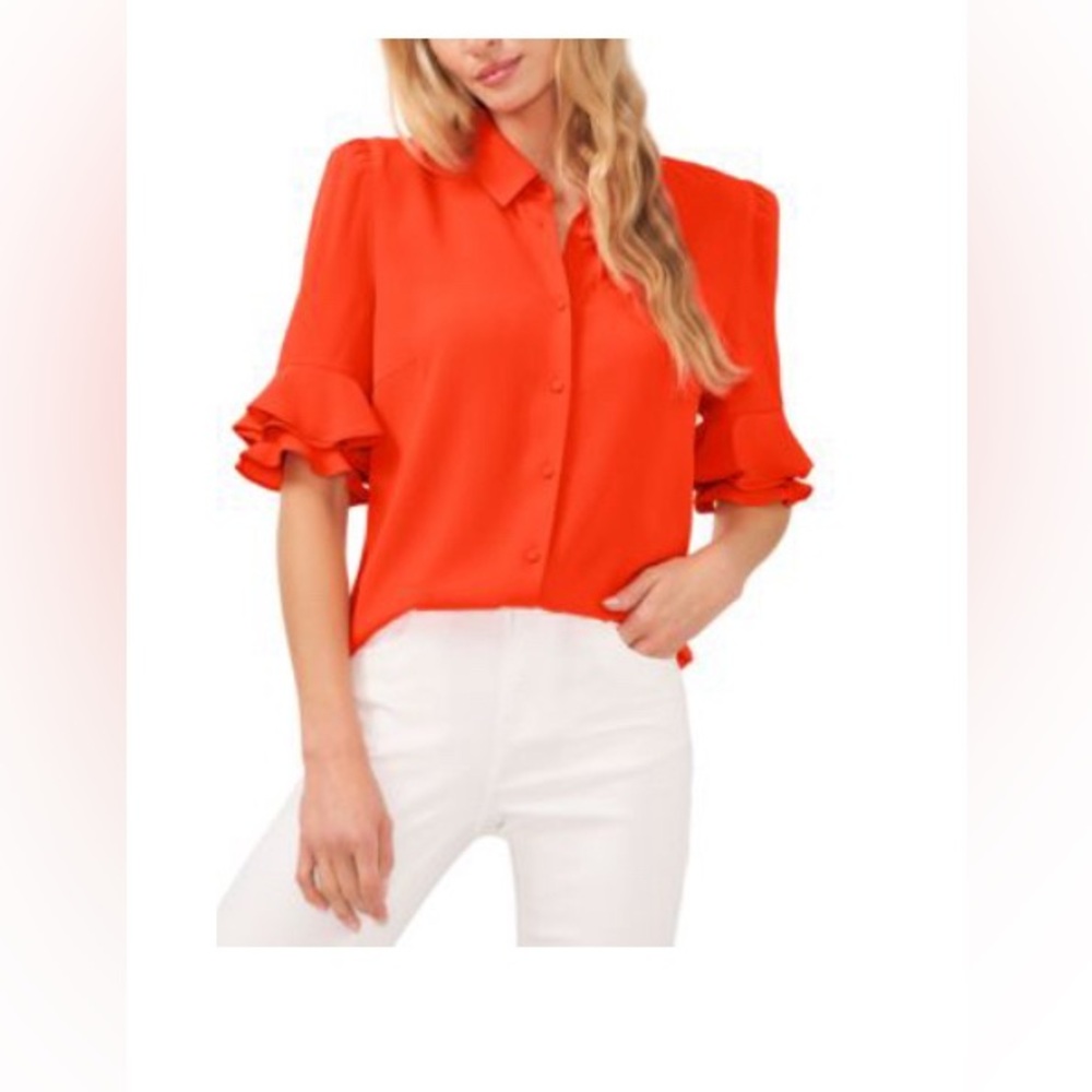 CeCe Short Sleeve Ruffle Sleeve Button Down Blouse || Medium